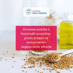 Domowa wcierka z kozieradki pospolitej na wzmocnienie i zagęszczenie włosów. Na zdjęciu nasiona kozieradki, olejek i ręcznik.