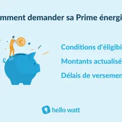 Illustration d'une personne plaçant une pièce dans une tirelire bleue. Le texte indique "Comment demander sa Prime énergie ?", avec des détails sur les conditions, montants et délais.