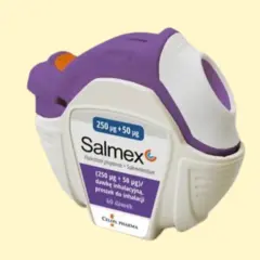 Fioletowo-biały inhalator Salmex, zawierający lek na astmę.