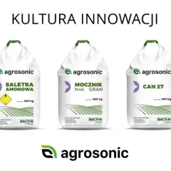Siedem worków nawozów Agrosonic, w tym Siarczan amonu i DAP. Produkty wspierają efektywne nawożenie.