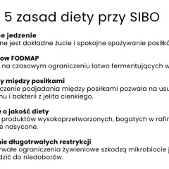 5 zasad diety przy SIBO: uważne jedzenie, dieta Low FODMAP, przerwy między posiłkami, dbanie o jakość diety, unikanie długotrwałych restrykcji.