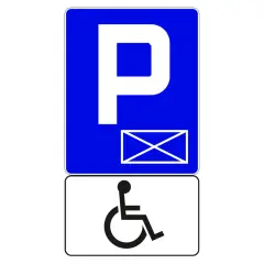 Znak drogowy informujący o miejscu dla niepełnosprawnych, z symbolem koperty. Wymiary miejsca parkingowego dla osób z niepełnosprawnościami są kluczowe.