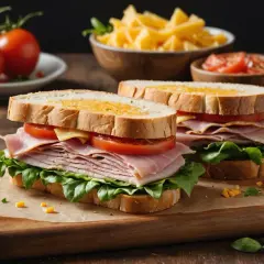 Deux sandwichs froids appétissants avec jambon, fromage, tomate et laitue sur du pain grillé. Un verre de jus d'orange et des tomates fraîches complètent ce repas.
