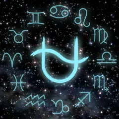 Jasnoniebieski symbol, być może nowy znak zodiaku, otoczony tradycyjnymi symbolami zodiaku na tle rozgwieżdżonego nieba.