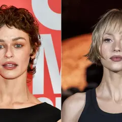 Dos mujeres con peinados cortos modernos: una con cabello castaño rizado y otra con cabello rubio bob.
