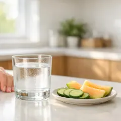 Un bicchiere d'acqua fresca e frutta (melone e cetriolo) su un tavolo, un'immagine che evoca il benessere e il mantenimento del **bilancio idrico** per una vita sana.