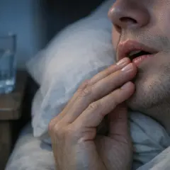 Uomo con mano sulle labbra, soffre di lingua secca di notte. Un bicchiere d'acqua sul comodino.