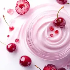 Crème onctueuse rose parsemée de cerises, évoquant le bienfait peau de ce fruit pour un soin éclatant.