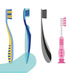 Una fila di spazzolini da denti colorati, alcuni manuali e altri elettrici, con setole spazzolino di varie forme e colori.