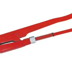Czerwony klucz nastawny, przypominający zarówno klucz angielski, jak i szwedzki, z ząbkowanymi szczękami i regulowanym mechanizmem.