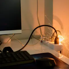 Gefährlicher kabelbrand in der wand: Funken sprühen aus einer Steckdosenleiste, die mit einem Computer verbunden ist.