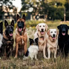 Un grupo de perros, incluyendo un Border Collie, un pastor belga, dos labradores y un chihuahua, posan juntos. Estos perros mas inteligentes parecen listos para aprender.