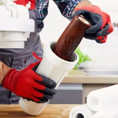 Wymiana brudnego filtra w systemie odwróconej osmozy. Odrzut wody z takiego filtra jest widoczny.