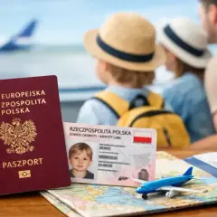 Paszport i dowód tożsamości strefy eog na tle rodziny czekającej na samolot.