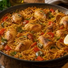 Fideuà de pollo con trozos de pimiento rojo y verde, servida en paellera con gajos de limón.