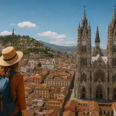 Kobieta w kapeluszu podziwia panoramę miasta Ekwador. W tle majestatyczna bazylika i wzgórze z pomnikiem.