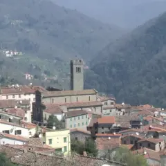 Panoramica di una villa con una basilica imponente, incastonata tra dolci colline boscose.