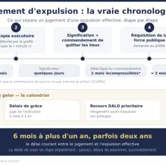 Chronologie des étapes d'une expulsion locataire : du jugement à l'expulsion effective, avec les délais et les recours possibles.