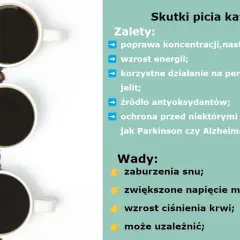 Trzy białe filiżanki z kawą na tle ziaren kawy. Obok lista zalet picia kawy, np. poprawa koncentracji, wzrost energii.