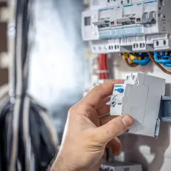 Dłoń instaluje bezpiecznik w rozdzielni elektrycznej, widoczne przewody i inne bezpieczniki.