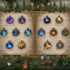 Menu umiejętności z gry heroes 8: Unnatural Calm, Web, Despair, Cleansing Ray, Healing Water, Haste, Energy Explosion, Crystal Crown, Fire Globe, Fatal Decay, Thunderbolt, Wean, Second Song, Cave In.
