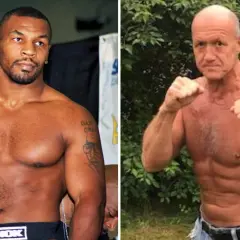 Håkan Brock i boxningsställning, bredvid en bild på Mike Tyson.