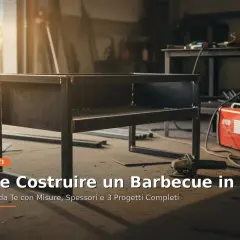 Un barbecue inox fait maison en cours de construction dans un atelier. Une meuleuse et un poste à souder sont visibles.