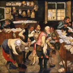 Scena targowa z obrazu **Pieter Brueghel Młodszy**. Ludzie kupują i sprzedają, wśród nich kobieta z koszem jajek.