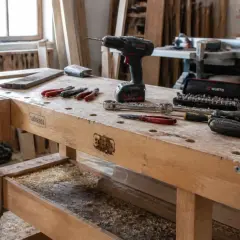Établi en bois avec une perceuse, des tournevis, une clé à cliquet et une boîte d'embouts de la marque **outillage professionnel** Wurth.