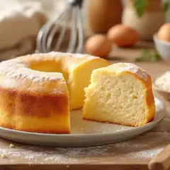 Un délicieux gâteau rapide, saupoudré de sucre glace, est prêt à être dégusté. Des œufs et de la farine sont visibles en arrière-plan.