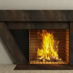 Nowoczesna zabudowa kominka elektrycznego w salonie. Płonące polana w ceglanym palenisku tworzą przytulną atmosferę.