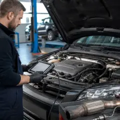 Mechanik sprawdza na tablecie dane dotyczące samochodu, obok leży zużyty filtr SCR.