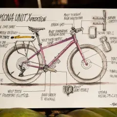 A hand-drawn diagram detailing how to build a Kona Unit Xpedition bike, labeling each component from the handlebars to the pedals.