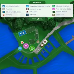 Mapa łowiska Jegiel z legendą: pokoje, parking, stawy, ognisko, punkt widokowy, bar, dom leśnika, pomosty, grill, plac zabaw, gospodarstwo, wędzarnia.