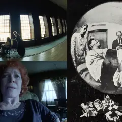 Escena de película con efecto ojo de pez cámara: mujer en silla de ruedas, un hombre en cama de hospital y una mujer mirando asustada.