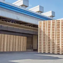 Un chariot élévateur déplace une pile de palettes traitées devant un entrepôt.