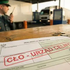 Celnik w mundurze kontroluje dokumenty na granicy. Na stole leży deklaracja celna, monety i kalkulator. Logistyk czeka na odprawę.