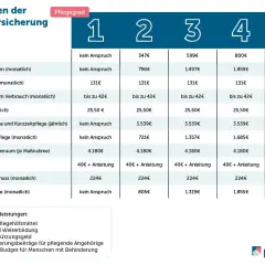Leistungen der Pflegeversicherung: Tabelle zeigt monatliche und jährliche Kosten für verschiedene Pflegegrade, die durch eine Pflegeversicherung reform abgedeckt werden.