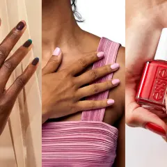 Tre olika looks med essie gellack: mörka naglar med färgdetaljer, ljusrosa naglar och klassiskt rött med en flaska essie.