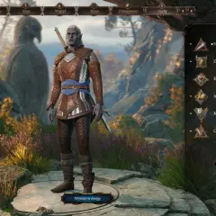 Postać z gry Baldur's Gate III, drow wojownik Tav, z widocznymi statystykami i ekwipunkiem.