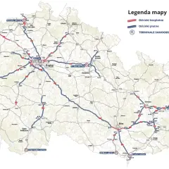 Mapa Czech z zaznaczonymi odcinkami dróg płatnych i bezpłatnych oraz terminalami.
