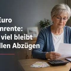 Eine Frau prüft Dokumente. Text: "1.000 Euro Witwenrente: Nur so viel bleibt nach allen Abzügen." Ein Mann im Vordergrund deutet. Witwenrente berechnen beispiel.