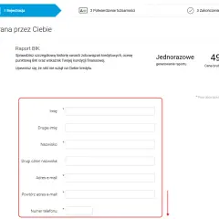 Formularz do wypełnienia, aby jak pobrać raport BIK. Wpisz swoje dane: imię, nazwisko, adres e-mail i numer telefonu.