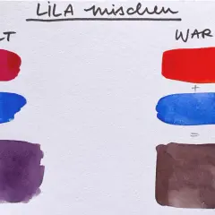 Lila mischen: Kaltes Rot + Blau ergibt ein kräftiges Lila. Warmes Rot + Blau ergibt ein Braun.
