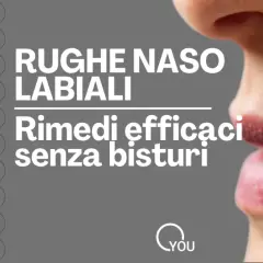 Primo piano di un volto con rughe naso labiali, tipiche dei 40 anni. Testo: "Rughe naso labiali. Rimedi efficaci senza bisturi.
