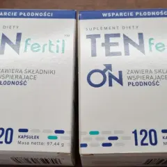 Dwie paczki suplementu diety TEN fertil, wspierającego płodność. Każde opakowanie zawiera 120 kapsułek.