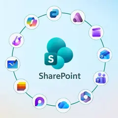 Le logo SharePoint est entouré d'icônes d'applications Microsoft. Apprenez comment créer un SharePoint pour organiser vos projets.