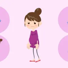 Ilustración de una mujer embarazada con dolores comunes: espalda, cabeza, pecho y abdomen.