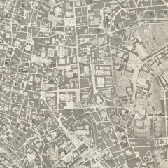 Stary plan zagospodarowania terenu z zaznaczonymi ulicami, placami i budynkami. Widać fragmenty Rzymu z epoki.