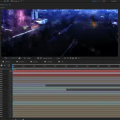 After Effects timeline showing layers for a scene with fire flares, fog, and 3D camera tracking, a common setup for visual effects work.